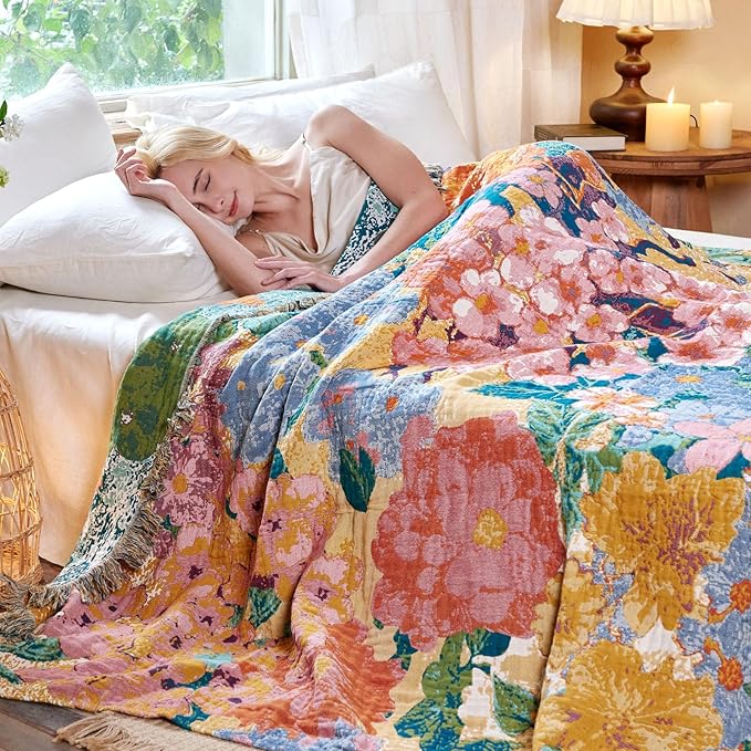 MSGKV Boho Throw Blanket for Bed 60"x80" Cotton Couch Blankets Floral Twin Size - Image 7