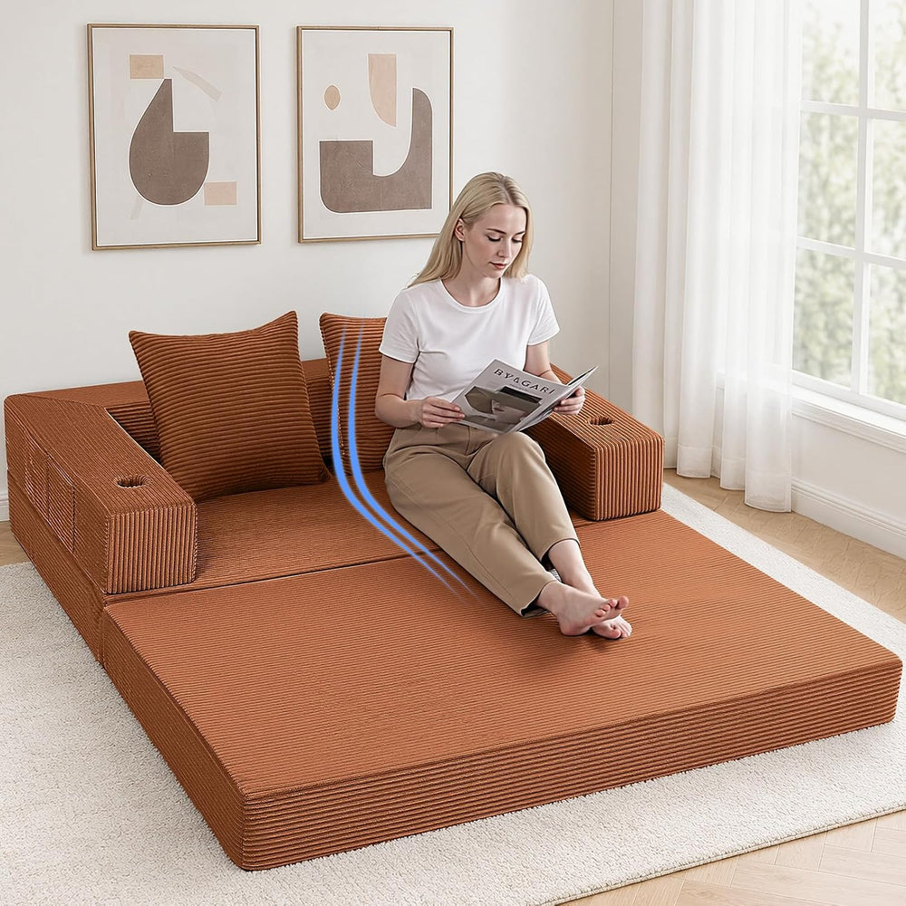 COMAX Boneless Futon Sofa Bed, 59" Small Low-Profile Floor Couch, Orange