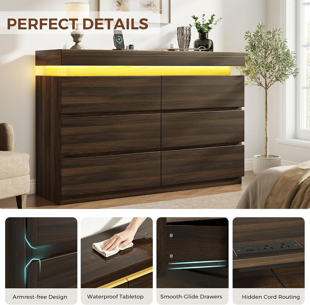 6 Drawer Dresser with LED Lights and Charging Station, Modern Brown Dresser