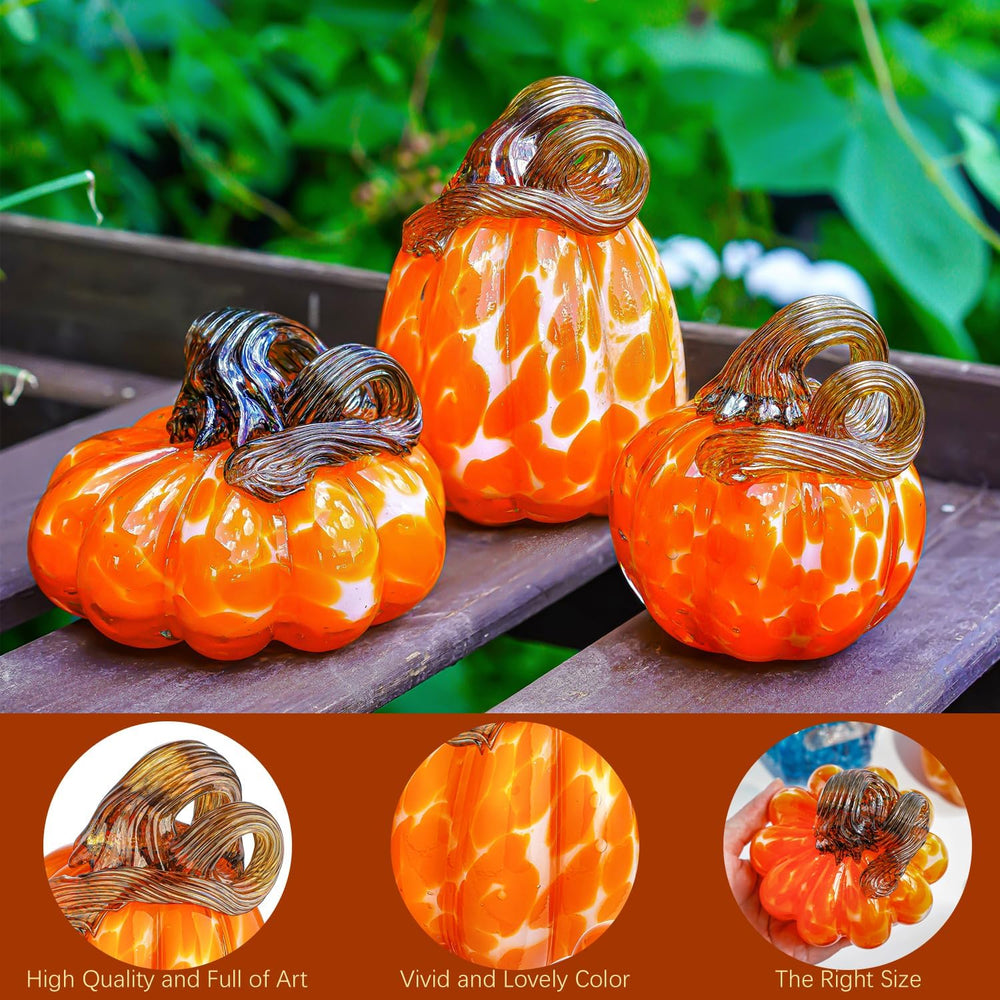 3 Pcs Blown Glass Pumpkin Figurines Orange Fall Halloween Table Decor