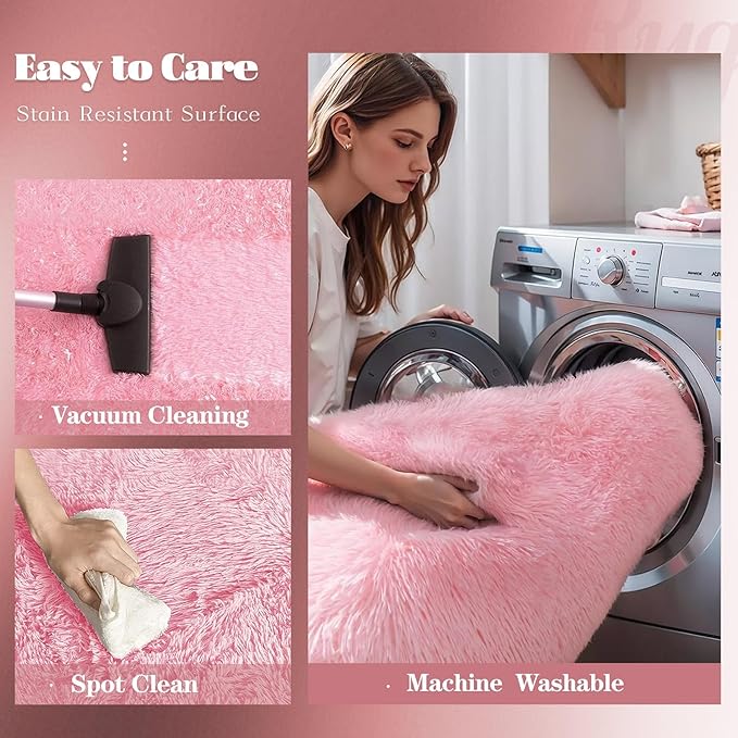 Pink Rugs for Bedroom Girls: 8x10 Fluffy Shag Soft Washable Rug Large Fuzzy - Image 3