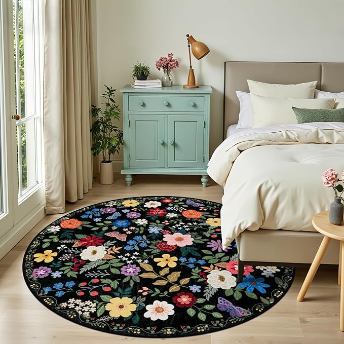 Round Area Rug for Living Room: 6 ft Floral Washable Circle Rug Soft Boho - Image 3