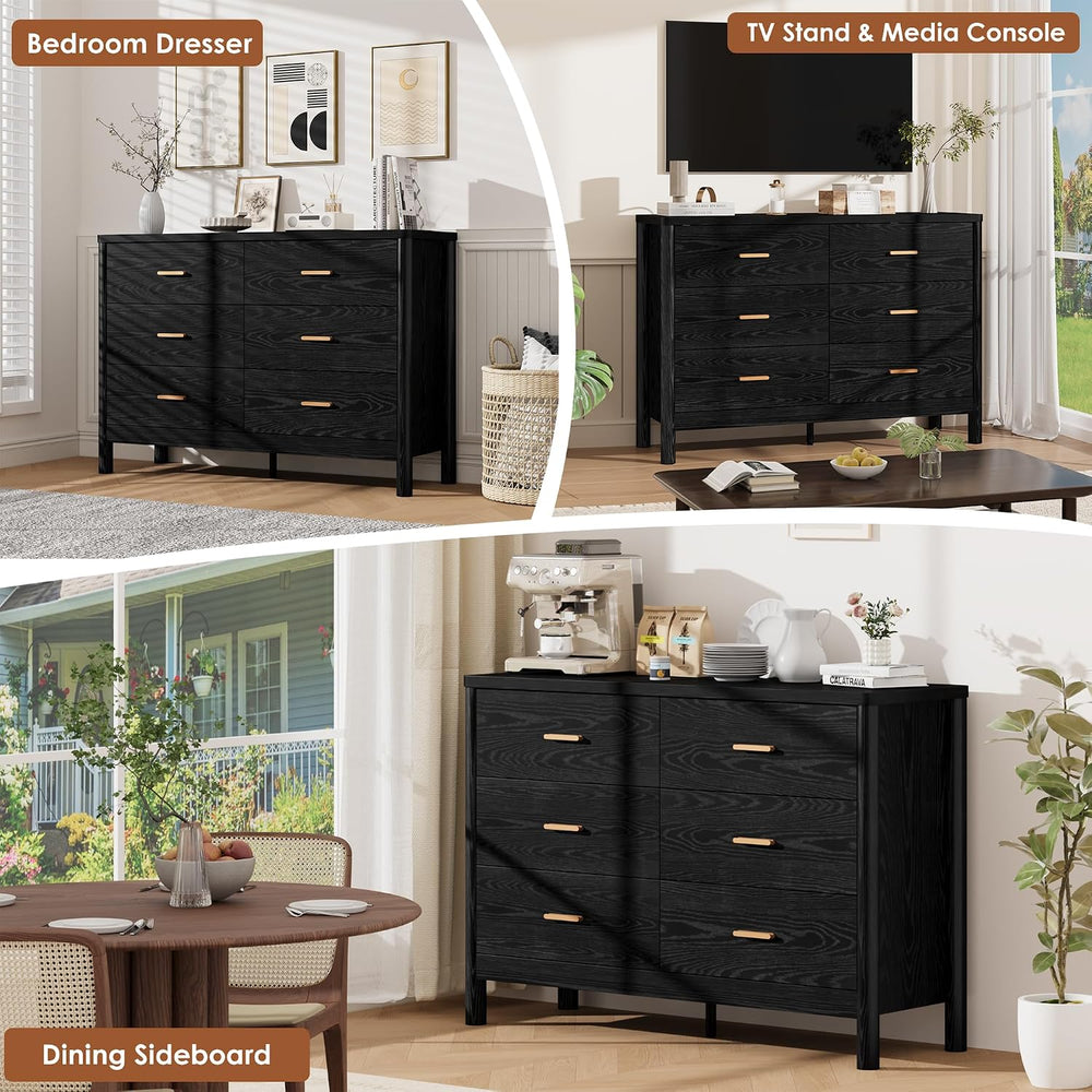 Garvee 6 Drawer Dresser, Modern Wooden Storage Chest of Drawers, Black