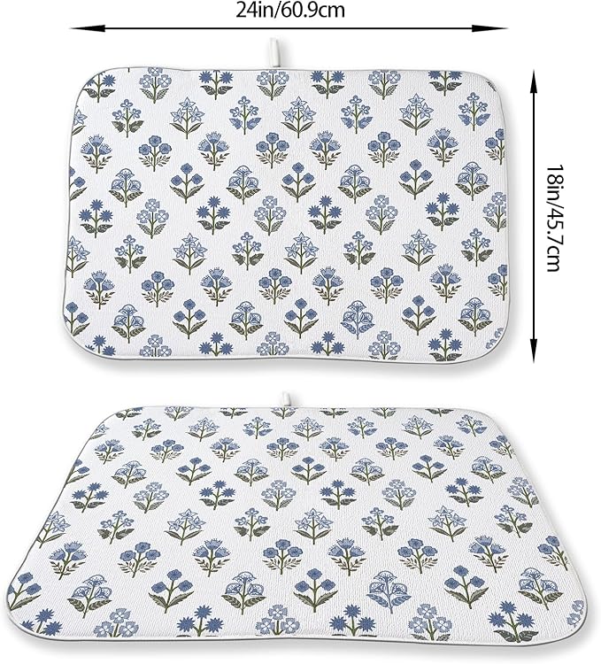 Blue Green Dish Drying Mat 18x24 Inch Vintage Block Print Floral Drying Mat - Image 2