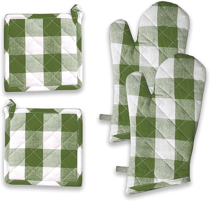 Buffalo Plaid Check Oven Mitts and Pot Holders Set, 100% Cotton, Heat Resistant by SoftopiaCotton