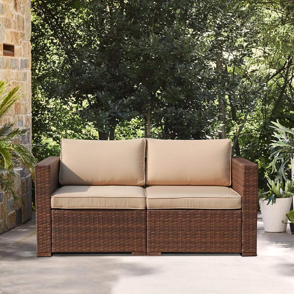 Patiorama 2 Piece Outdoor Wicker Loveseat, Brown PE Rattan, Beige