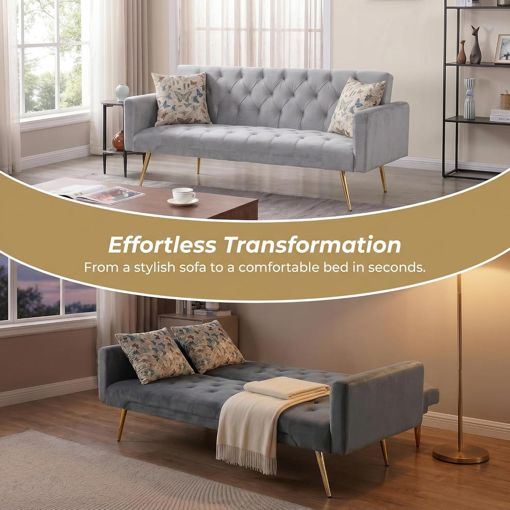 Futon Sofa Bed with Adjustable Backrest, Convertible Futon Couch with 2 Pillo...