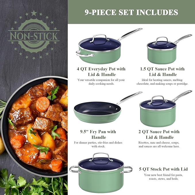 Nuwave 9pc Cookware Set Healthy Duralon Blue Ceramic Nonstick Coated, Diamond