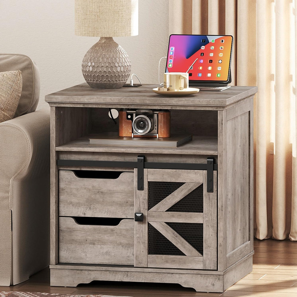 RALGEND Farmhouse End Table with Charging Station, Sofa Side Table with 2 Dra...