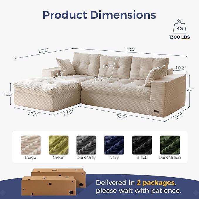 MAXYOYO 104" L Shaped Modular Sectional Sofa with Ottoman, Cloud Boneles...