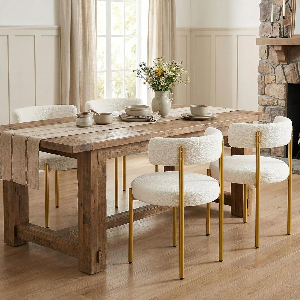 Boucle Dining Chairs Set of 4, Gold Legs, White