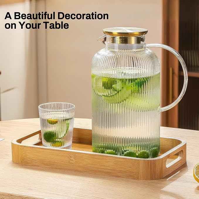 Buaic Glass Pitcher with Lid, 100 oz/ 3 Liter Classic Vertical Stripes Water - Image 7