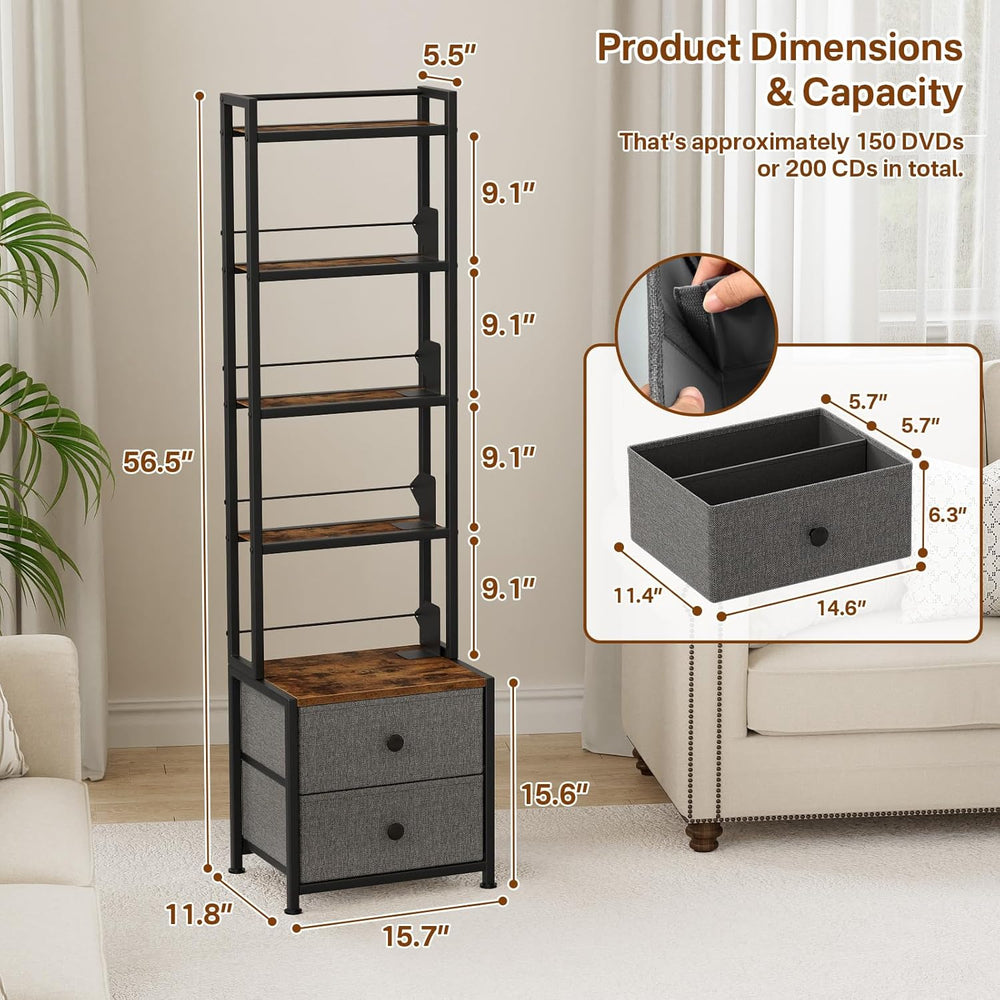 CD Storage Rack with Drawer, 5-Tier DVD Organizer Shelf w/Adjustable Book Sto...
