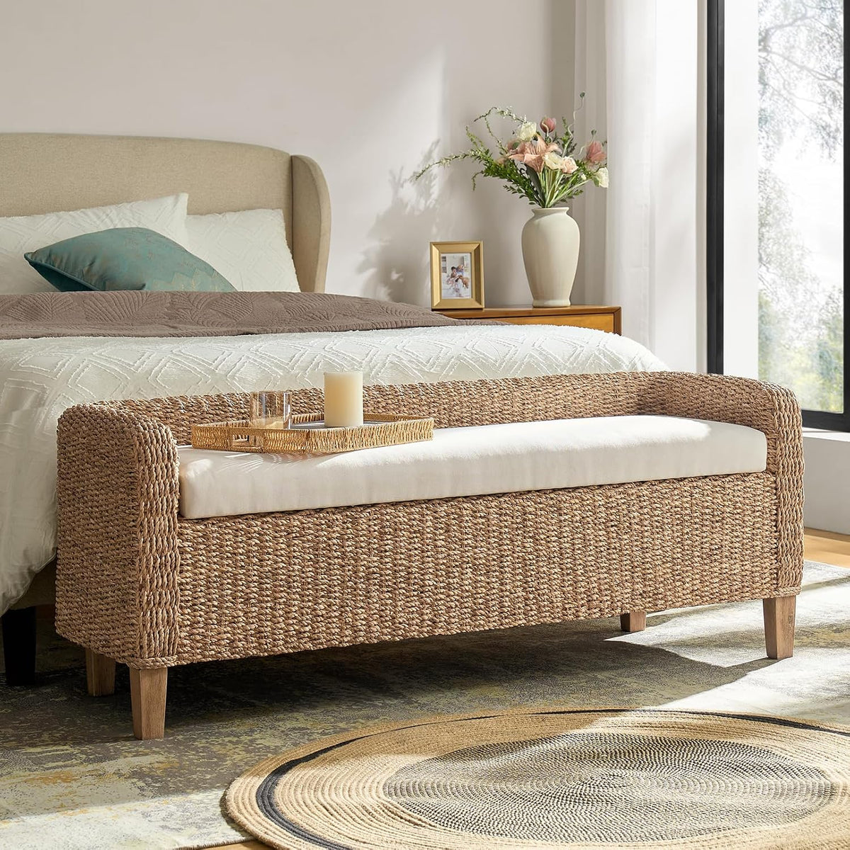 HULALA HOME 57" Rattan Storage Bench, Boho Wicker Bedroom Bench, Natural