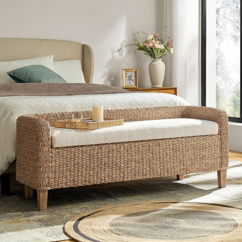 HULALA HOME 57" Rattan Storage Bench, Boho Wicker Bedroom Bench, Natural