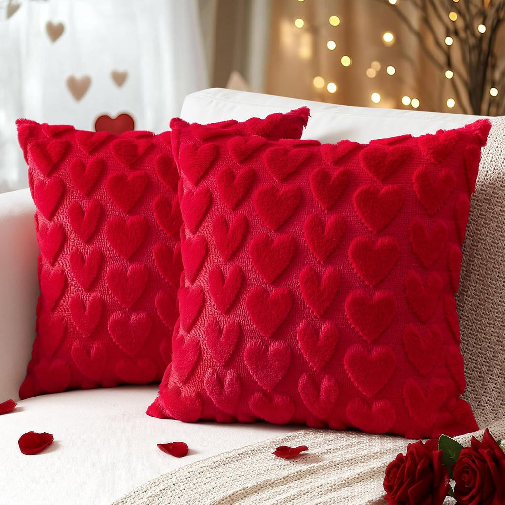 Artscope Valentines Pillow Covers 18x18 Set of 2 Decorative Love Heart Valentines Day Throw Pillow Cases Soft Plush Faux Fur Couch Cushion Case for Holiday Sofa Bed Room Home Decor-Red Heart