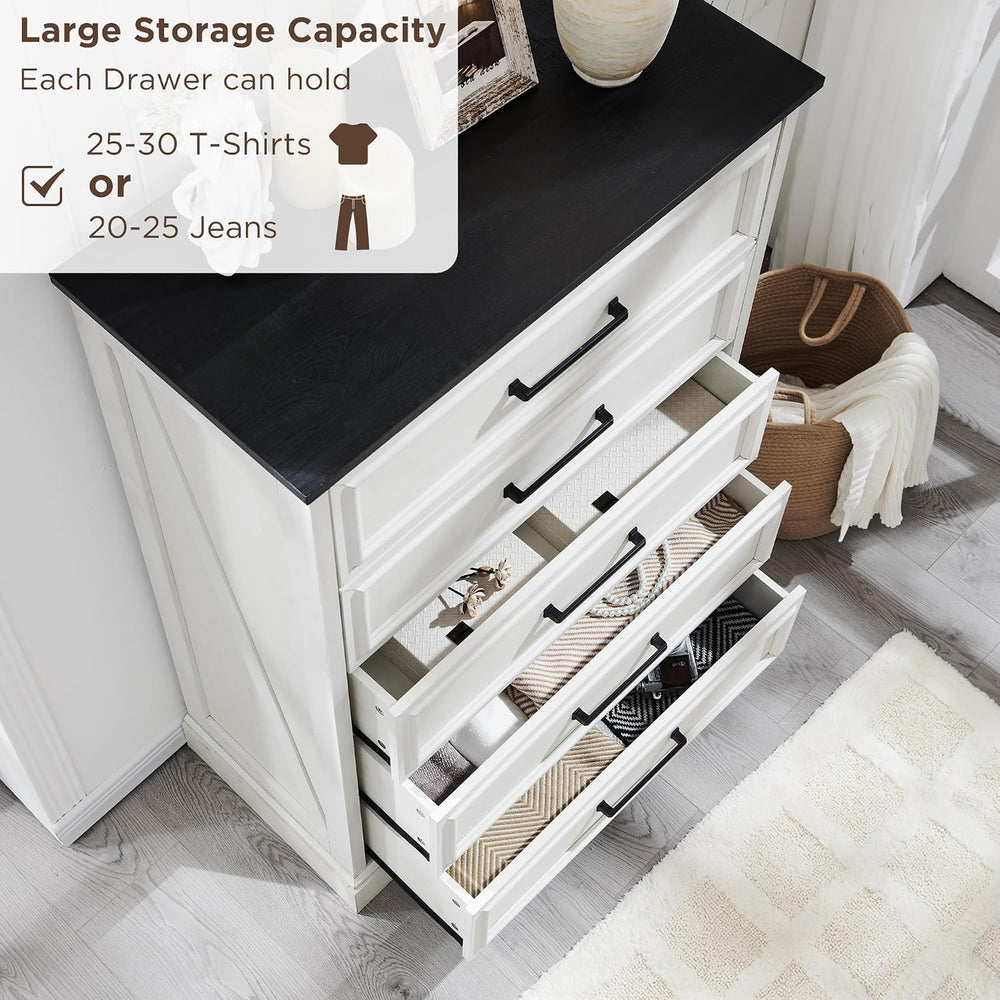 ACCOHOHO Farmhouse 5 Drawers Dresser Chests for Bedroom, Antique White