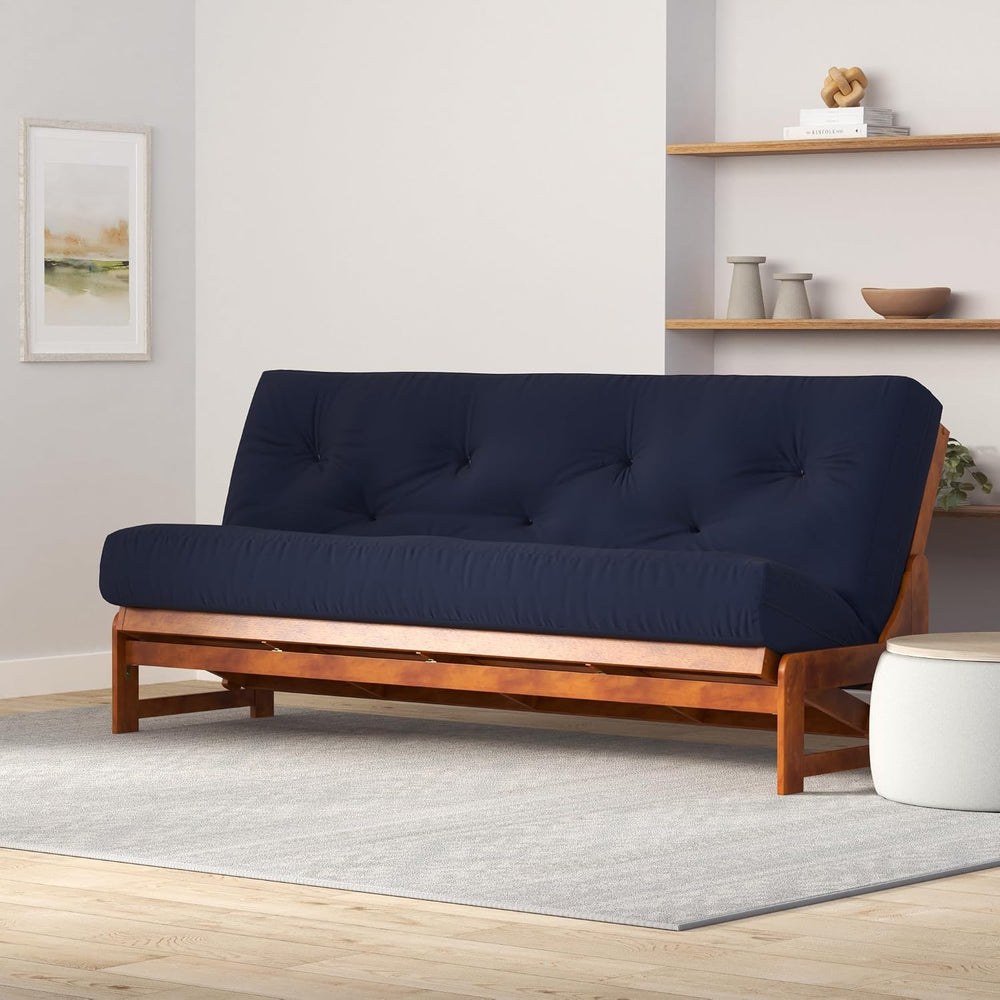Arden Futon Set - Queen Size, Frame, 8" Mattress, Twill Navy Blue Cover