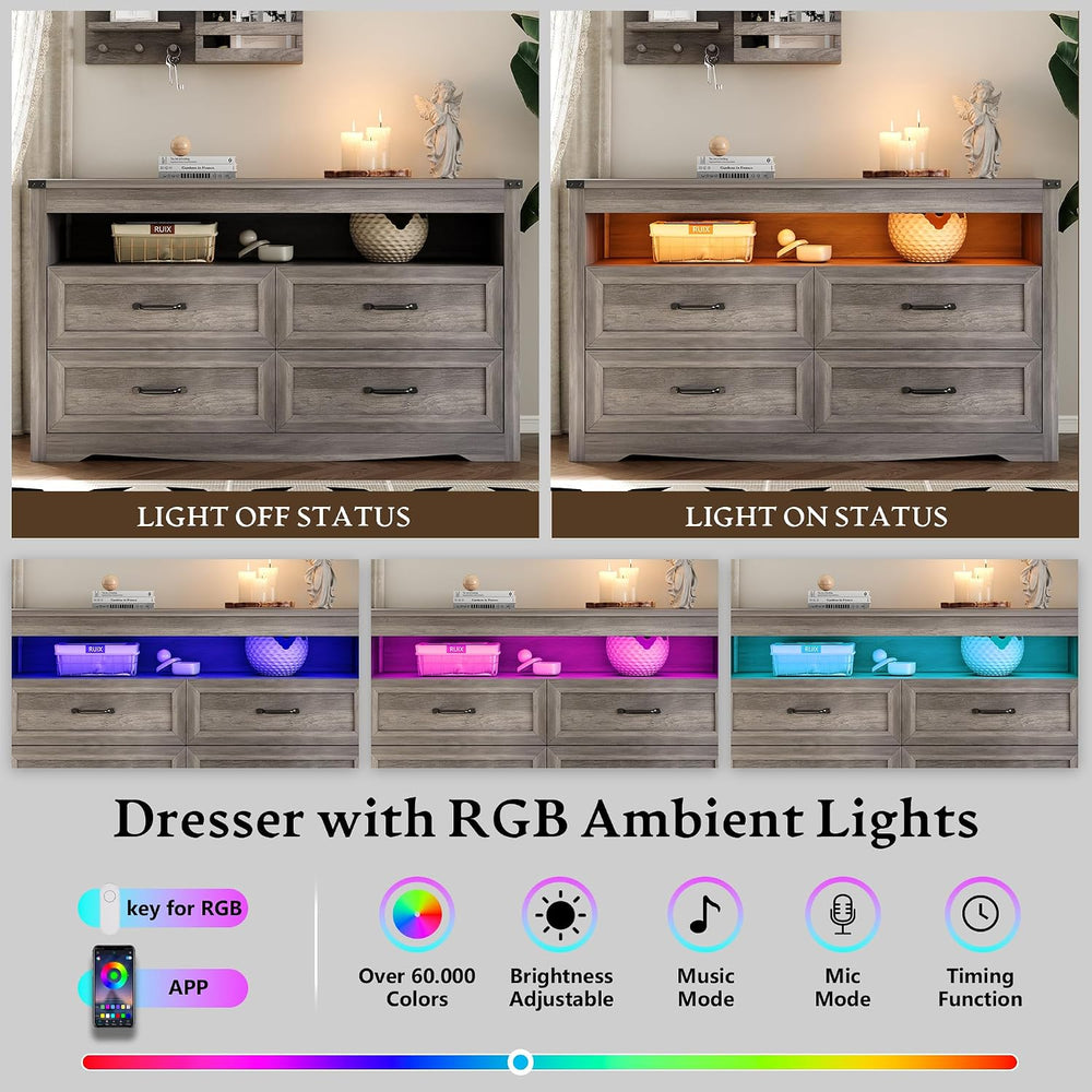 Xixini Dresser for Bedroom with LED Lights, 4-Drawer Grey Chest of Drawers