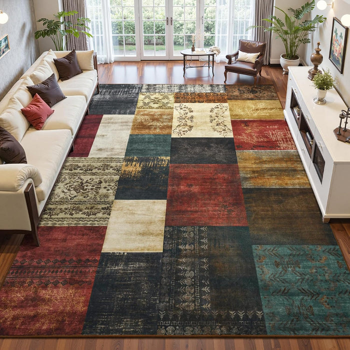 DweIke Washable Area Rugs 8x10 for Living Room, Large Modern Geometric Colorful Soft Patchwork Carpet, Non-Slip Stain Resistant Throw Rug for Bedroom Dining Room Office Home Decor