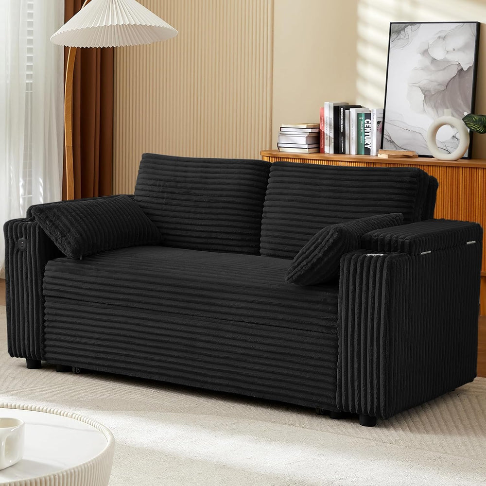 Convertible Corduroy Sofa Bed with USB Charging Port & Cup Holders, 68.11...