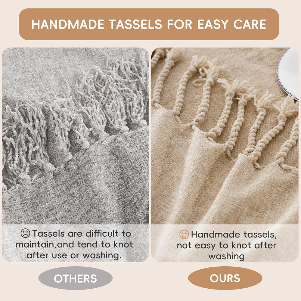 Battilo Beige Chenille Throw Blanket for Couch 50"x60"