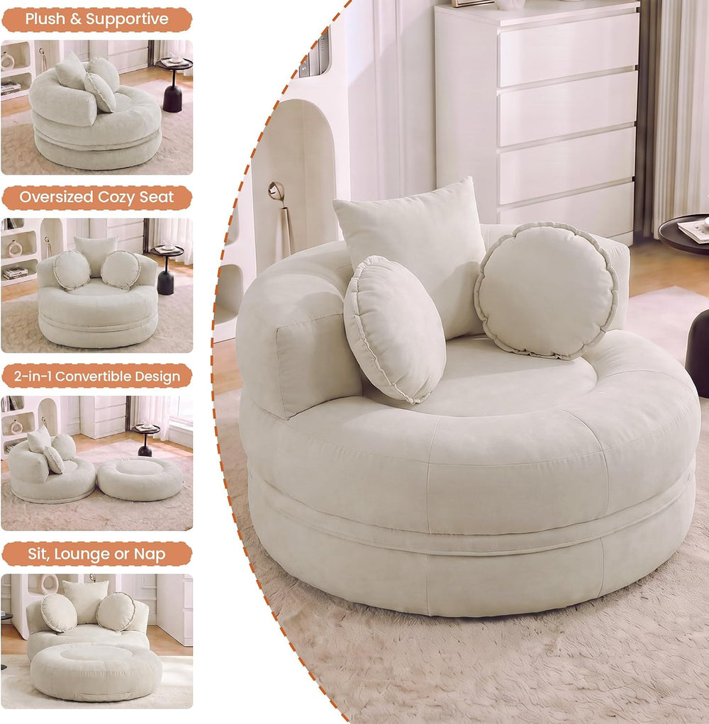 Boneless Convertible Round Floor Sofa Chair with Expandable Seat, Beige