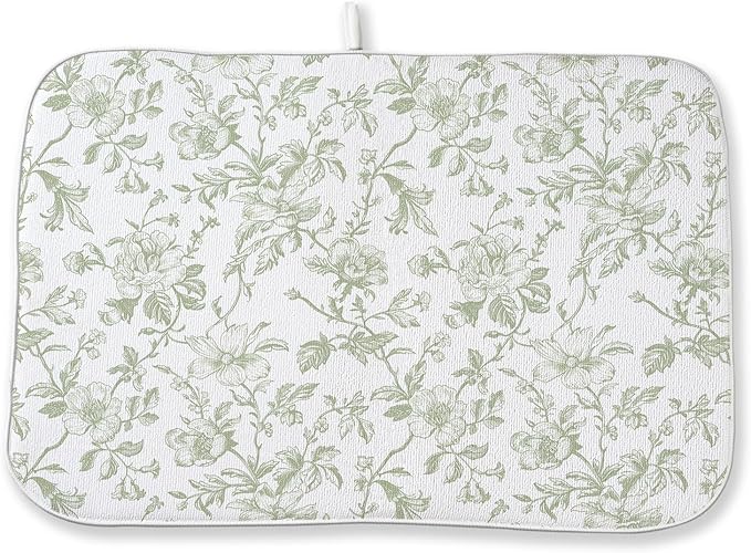 Sage Green Floral Dish Drying Mat 18 x 24 Inch Vintage Light Green Floral by Sorktse
