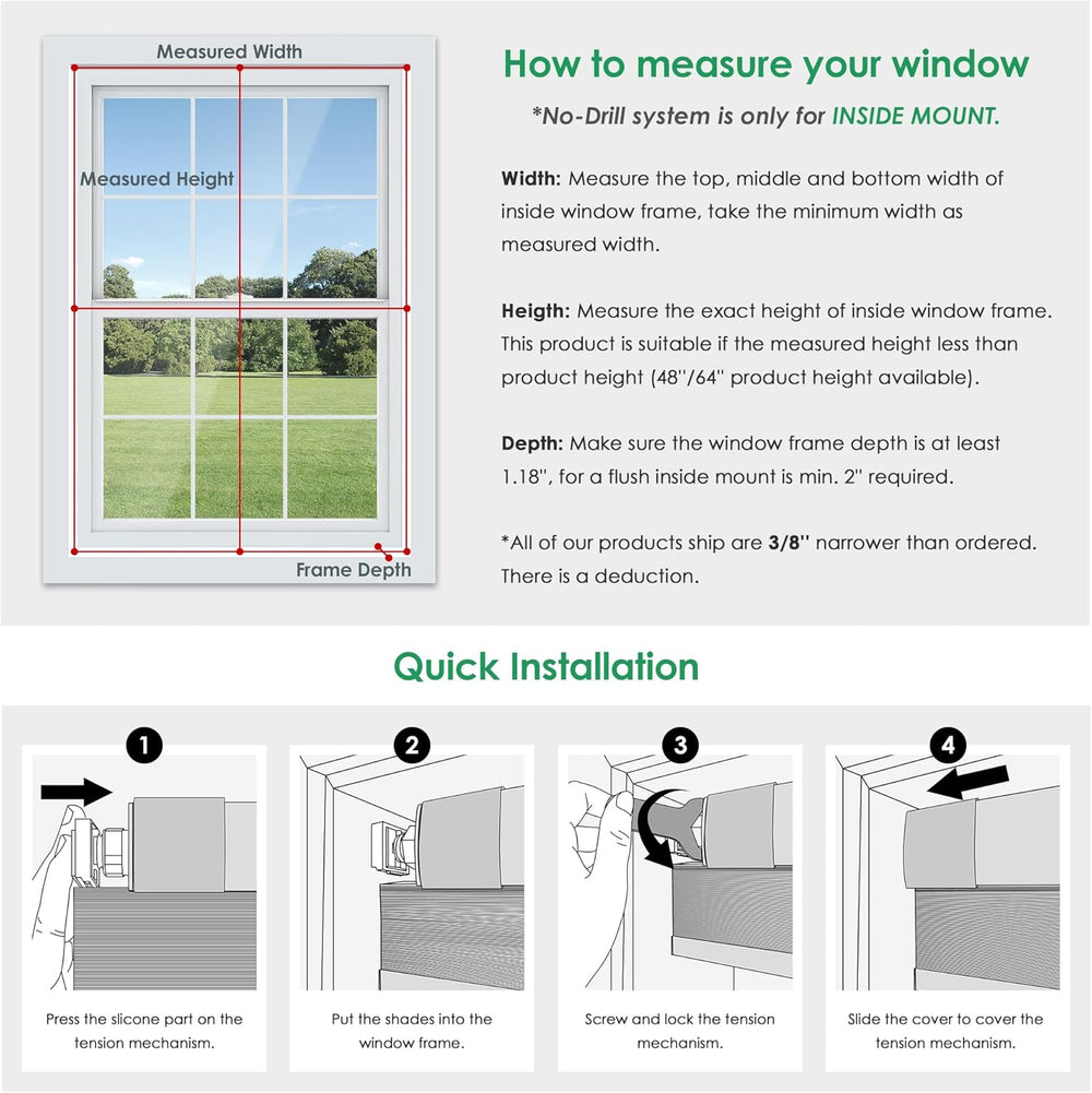 LazBlinds No Drill Cordless Cellular Shades, 22" W x 36" H, White