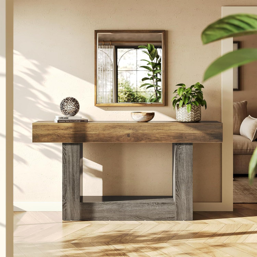 LITTLE TREE 63 Inches Long Console Table, 2-Tier Farmhouse Sofa Table Behind ...