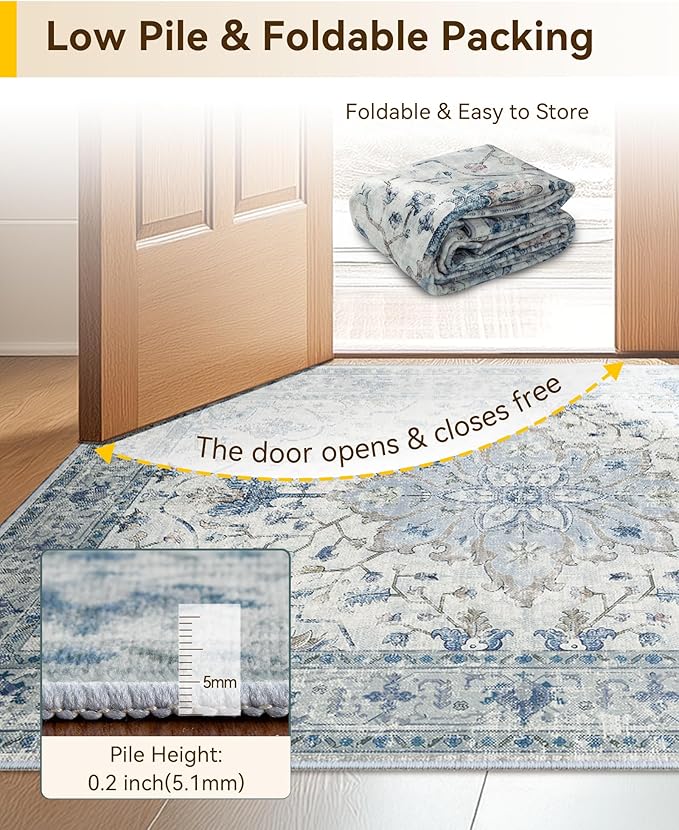 Area Rugs Square 7ft Washable Non-Slip, Floral Vintage Distress Print Pattern - Image 4
