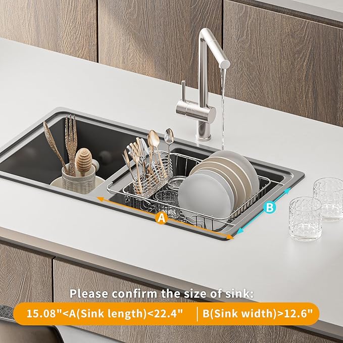 JAQ Over Sink Dish Drying Rack for Medium to Large Sink, Expandable 15.08"–22.4" - Image 3