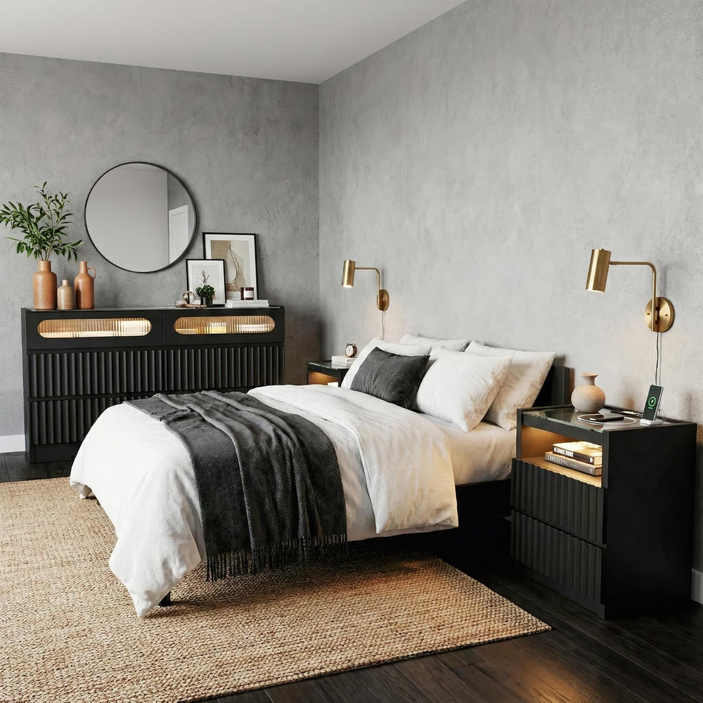 senlin Fluted 6 Drawer Dresser,Modern Chest of Drawers,Black