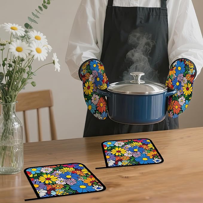 Abstract Hippie Flower Oven Mitts and Pot Holders, Heat Resistant Oven Mitts - Image 7