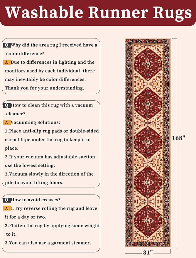 SERISSA Runner Rug for Hallways, Extra Long Boho Rug Ultra Soft Vintage Red - Image 6