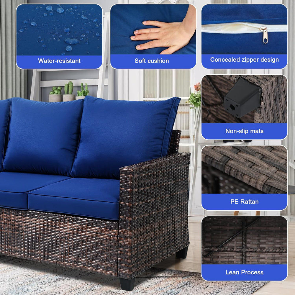 Outdoor Sofa, 3-Seat PE Rattan Couch, Blue