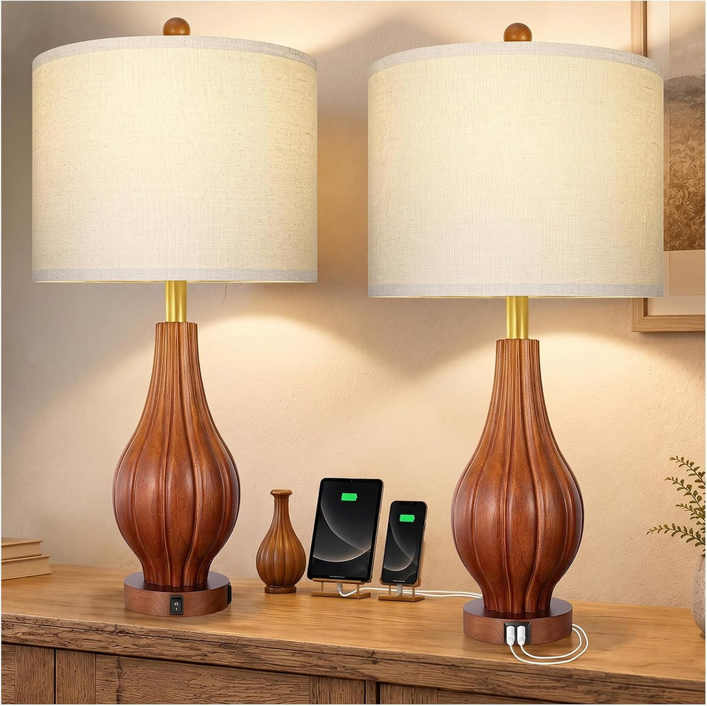 Scenekoy 26.5" Solid Wood Table Lamp Set of 2, USB A+C, 3-Way Dimmable Lamp