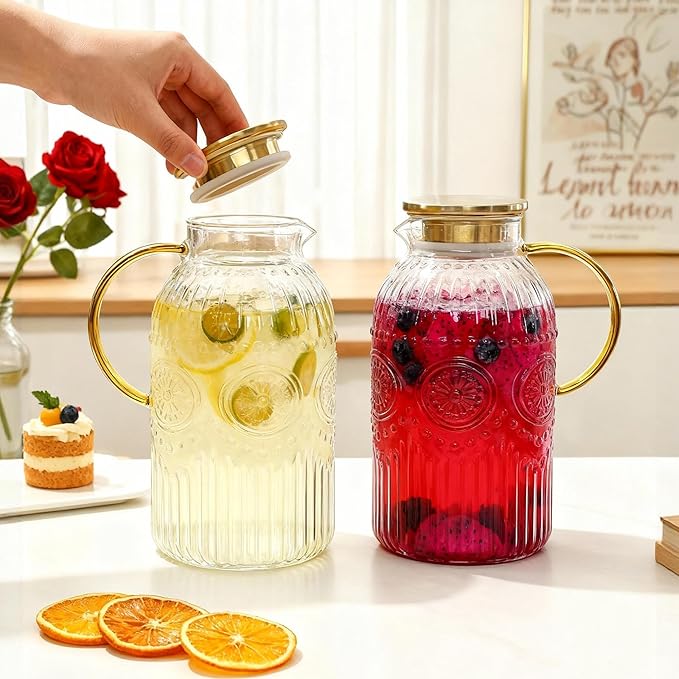 Amzcku Glass Pitcher with Lid, 1 Gallon/128 oz Vintage Water Pitcher, Water