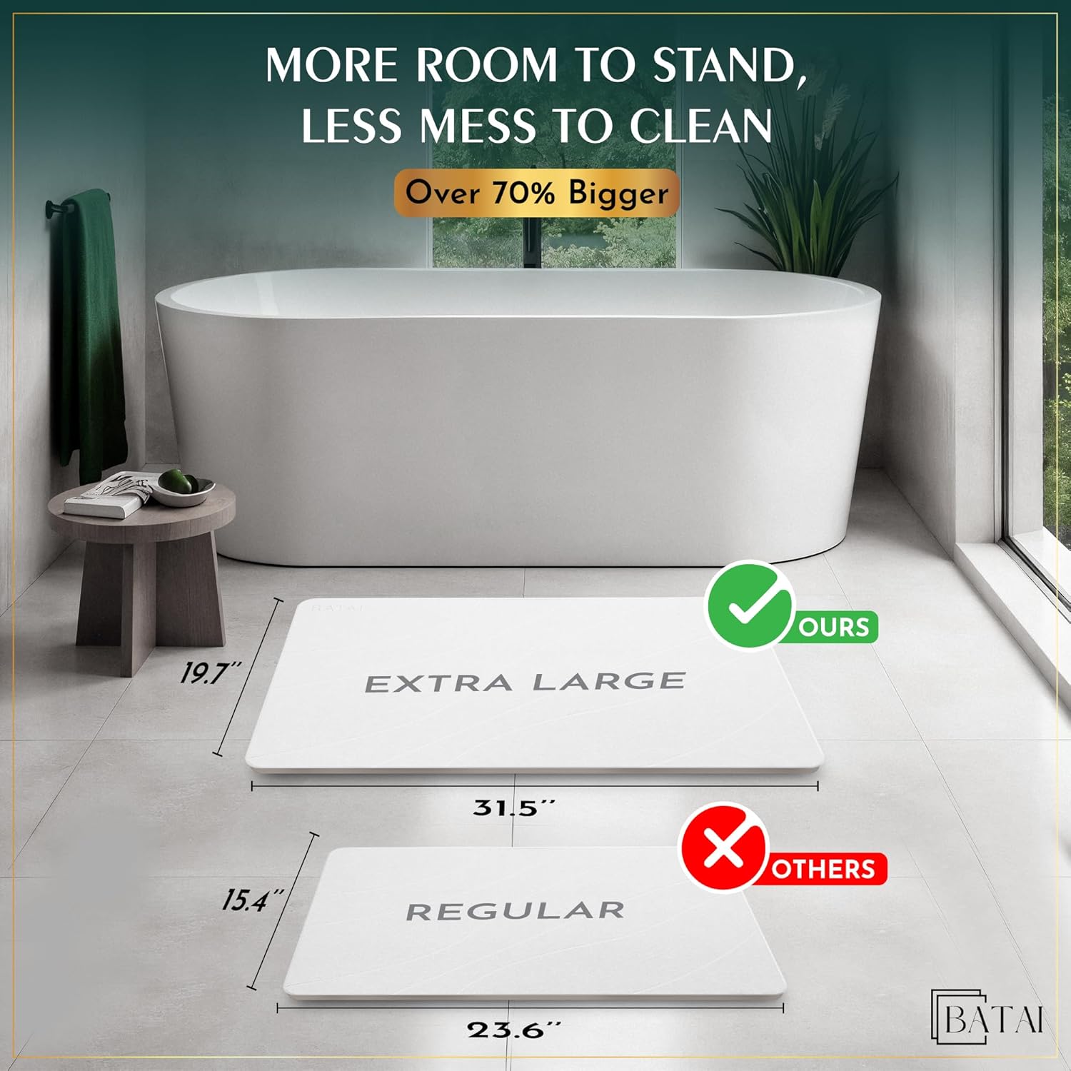 Extra Large Diatomaceous Earth Stone Bath Mat (31.5” x 19.7”) White XL | Fast Absorbent Shower Stone Bath Mat For Bathroom - Quick Dry, Easy Clean and Non-Slip Mat - Instant Drying Diatomite Bathmat