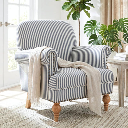 Blue Striped Linen Fabric Accent Chair, Coastal Upholstered Armchair with Nailhead Trim & Ball Turned Wood Legs, Modern Farmhouse Club Chair for Living Room Bedroom Guest Room