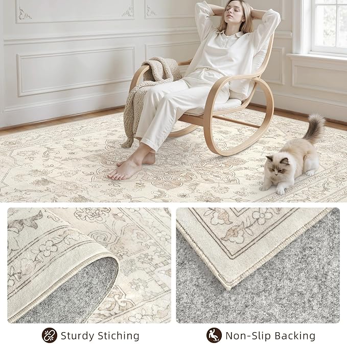 5x7 Area Rugs for Living Room: Vintage Boho Neutral Washable Rug Indoor Soft - Image 4