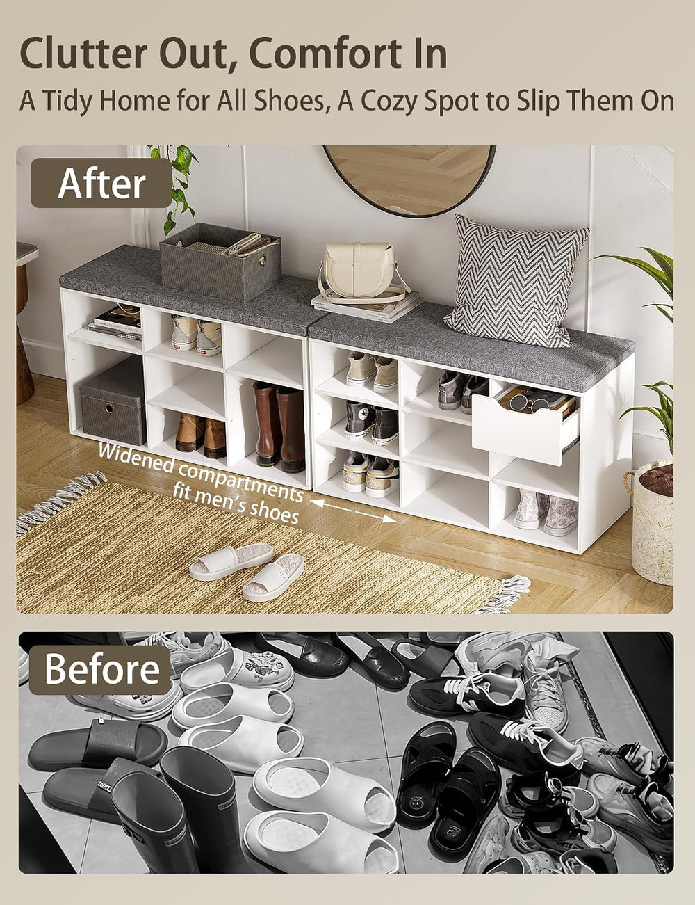 DINZI LVJ Shoe Storage Bench with Cushion, Cubby Shoe Rack with 9 Cubbies, Ad...