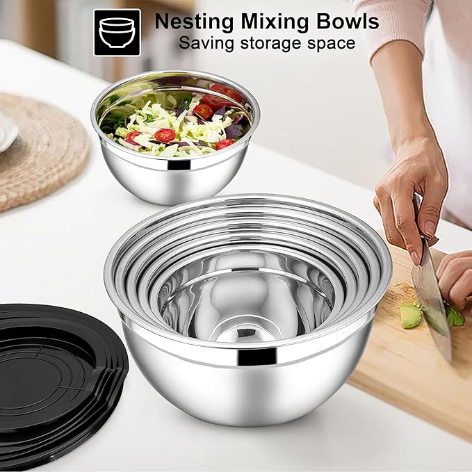 E-far Mixing Bowls with Lids Set, 7-Piece Stainless Steel Metal Mixing Bowls - Image 4