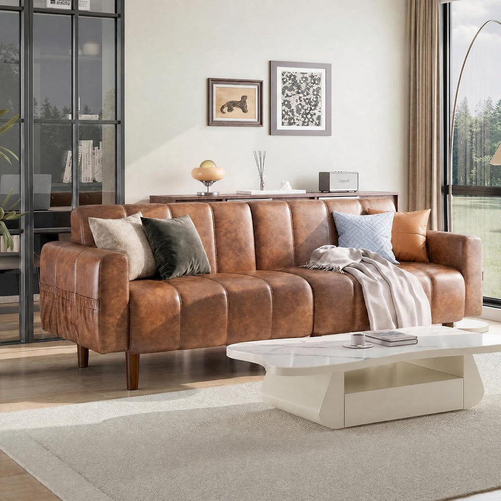 83" Faux Leather Futon Couch,Mid Century Modern Leather Sofa(Brown)