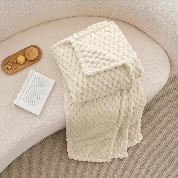 BEDELITE Fleece Blanket Twin for Bed Couch, 3D Jacquard Decorative Cream Throw - Image 8