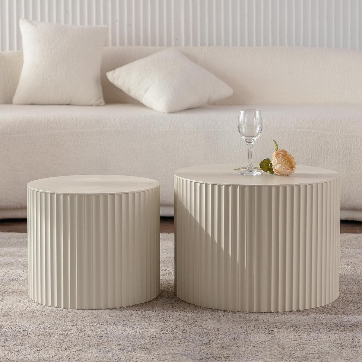27.56" Nesting Round Coffee Table Set of 2, Morden End Table for Small Spaces, Drum Side Table, Circle Wooden Center Table for Living Room, Fully Assembled