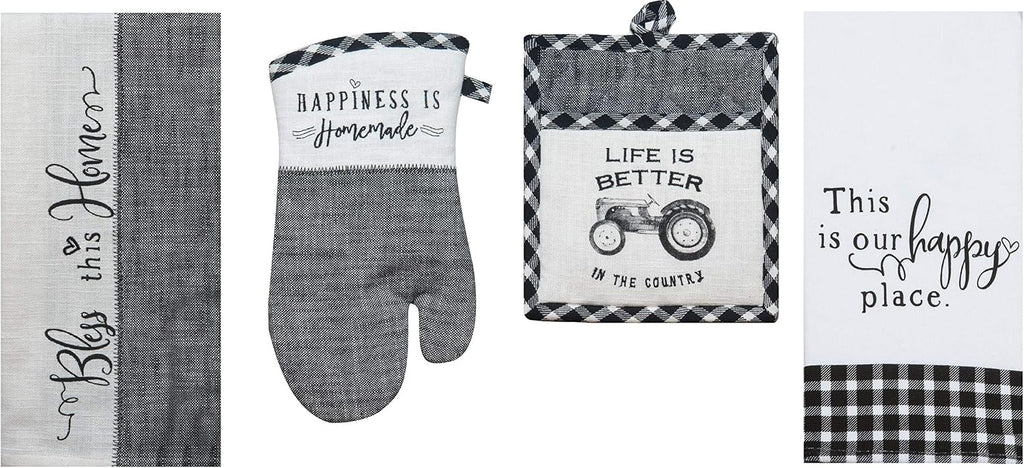 4 Piece Black and White Farmhouse Country Kitchen Linen Set - 2 Towels, Oven Mitt and Pocket Pot Holder