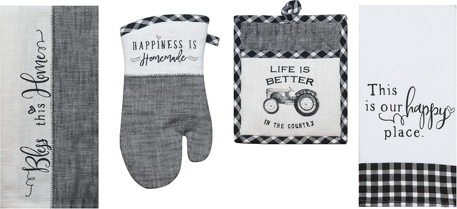 4 Piece Black and White Farmhouse Country Kitchen Linen Set - 2 Towels, Oven Mitt and Pocket Pot Holder