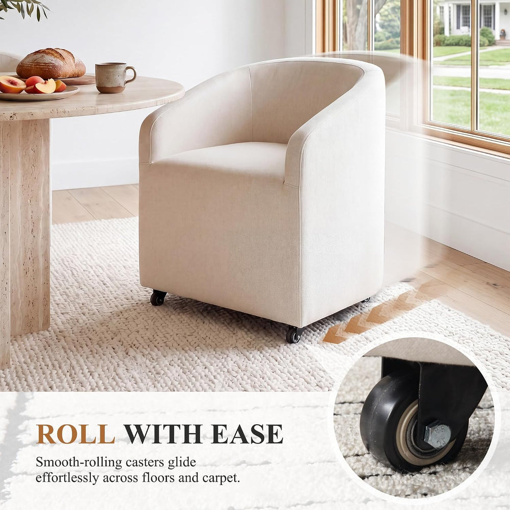 CIMOTA Linen Beige Barrel Dining Chairs with Wheels, Set of 2 — Modern Uphols...