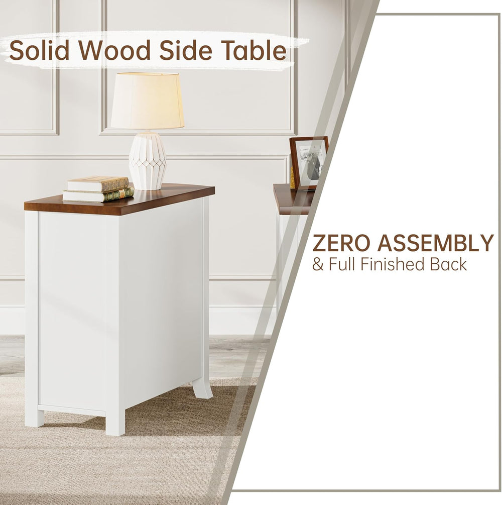 Farmhouse Solid Wood End Table, 3-Drawer Narrow Side Table Slim Chair Table f...